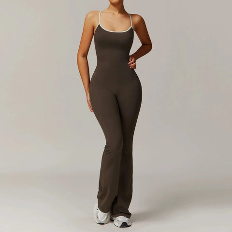 CurvyPower | UK Jumpsuit Brown / S Women Tummy Control Flared Cross-Back Shaping Jumpsuit