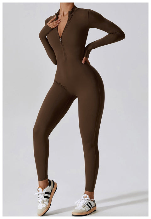 CurvyPower | UK Jumpsuit Burnt Tea Coffee / S Front Zippered Full Shaping Fitness Jumpsuit