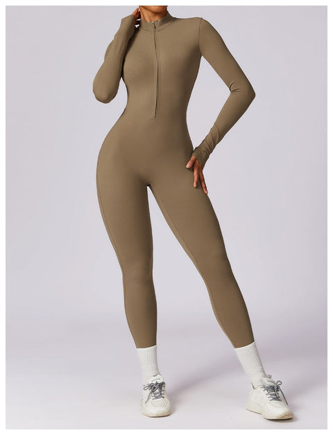 CurvyPower | UK Jumpsuit Camel Brown / S Front Zippered Full Shaping Fitness Jumpsuit