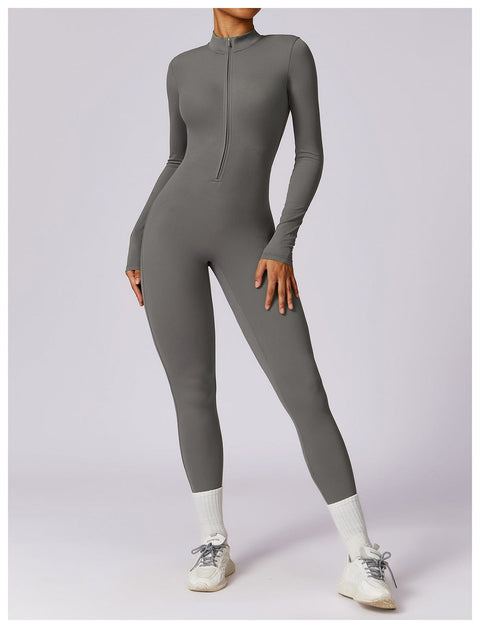 CurvyPower | UK Jumpsuit Heather Grey / S Front Zippered Full Shaping Fitness Jumpsuit