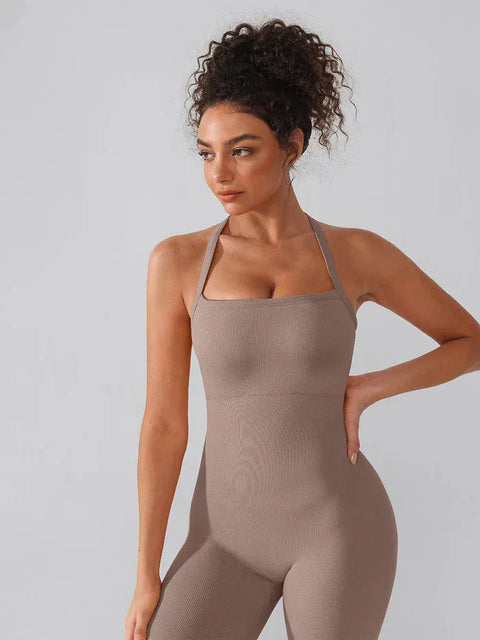 CurvyPower | UK Jumpsuit Light Brown / XS/S Seamless Yoga Jumpsuit with Built-in Bra Sculpting Butterfly Back Workout Bodysuit