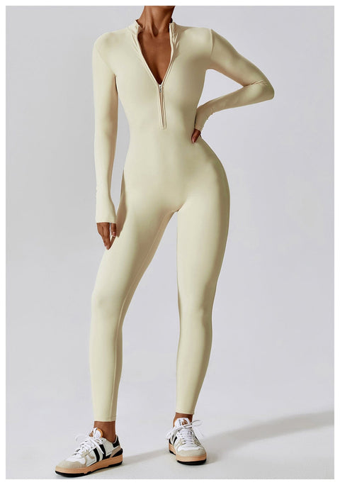 CurvyPower | UK Jumpsuit Oatmeal Apricot / S Front Zippered Full Shaping Fitness Jumpsuit