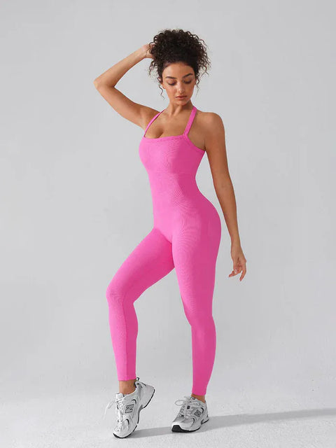 CurvyPower | UK Jumpsuit Seamless Yoga Jumpsuit with Built-in Bra Sculpting Butterfly Back Workout Bodysuit