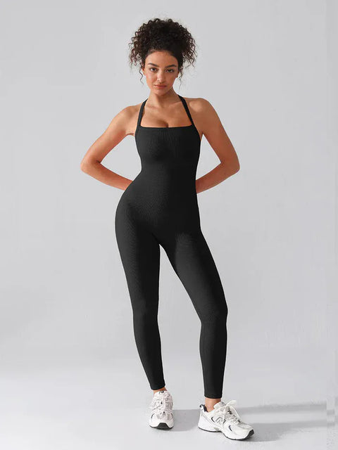 CurvyPower | UK Jumpsuit Seamless Yoga Jumpsuit with Built-in Bra Sculpting Butterfly Back Workout Bodysuit