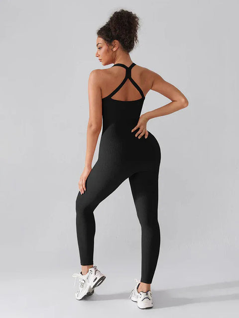 CurvyPower | UK Jumpsuit Seamless Yoga Jumpsuit with Built-in Bra Sculpting Butterfly Back Workout Bodysuit