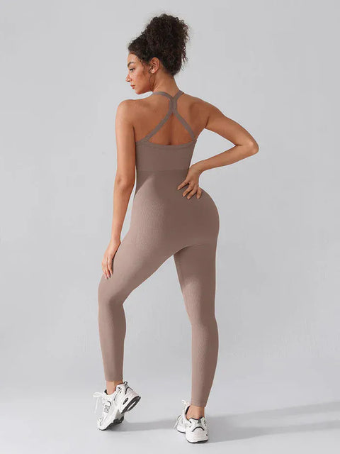 CurvyPower | UK Jumpsuit Seamless Yoga Jumpsuit with Built-in Bra Sculpting Butterfly Back Workout Bodysuit