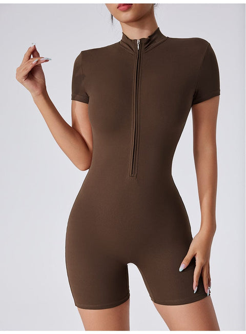 CurvyPower | UK Jumpsuit Women's Short Sleeved Yoga Shaping Jumpsuit with Front Zipper