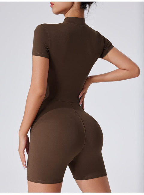 CurvyPower | UK Jumpsuit Women's Short Sleeved Yoga Shaping Jumpsuit with Front Zipper