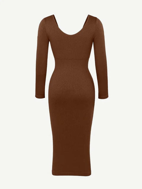 CurvyPower | UK Midi Dress Long Sleeve V Neck Bodycon Waist Cinching Shaper Midi Dress
