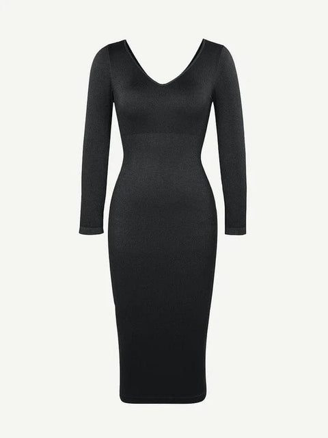 CurvyPower | UK Midi Dress Long Sleeve V Neck Bodycon Waist Cinching Shaper Midi Dress