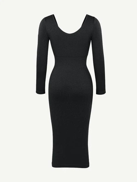 CurvyPower | UK Midi Dress Long Sleeve V Neck Bodycon Waist Cinching Shaper Midi Dress