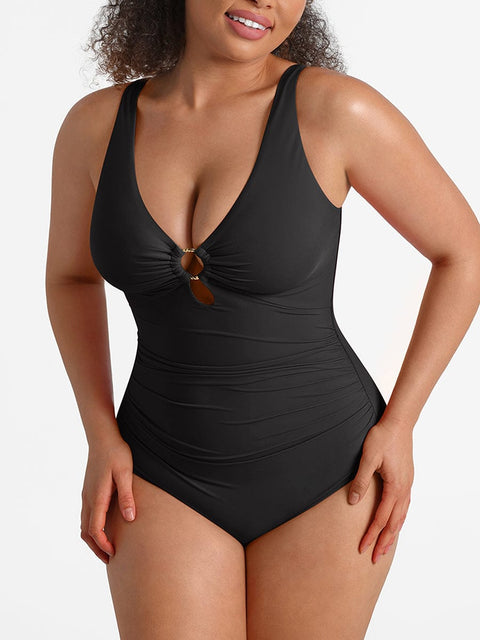 CurvyPower | UK One-Piece Swimsuits Black / S Waist Shaping Mesh Ruched One Piece Swimsuit with Pads