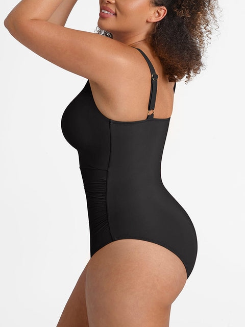 CurvyPower | UK One-Piece Swimsuits Waist Shaping Mesh Ruched One Piece Swimsuit with Pads