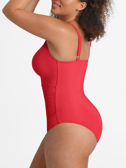 CurvyPower | UK One-Piece Swimsuits Waist Shaping Mesh Ruched One Piece Swimsuit with Pads