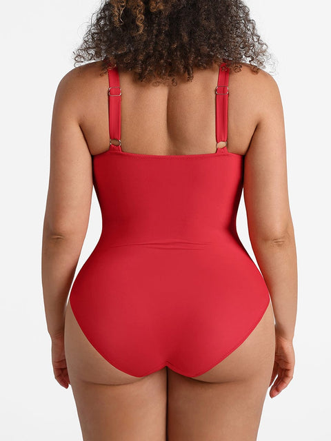 CurvyPower | UK One-Piece Swimsuits Waist Shaping Mesh Ruched One Piece Swimsuit with Pads