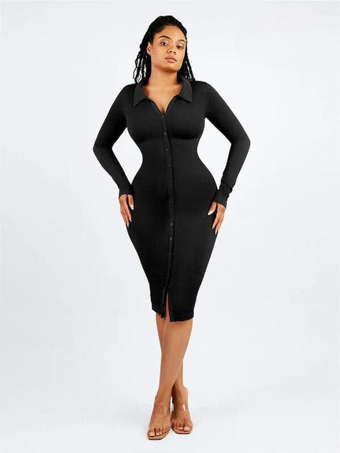 CurvyPower | UK Shirt Dress Black / XS/S Tummy Control Retro Long Sleeve Shapewear Shirt Dress