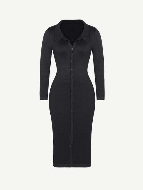 CurvyPower | UK Shirt Dress Tummy Control Retro Long Sleeve Shapewear Shirt Dress
