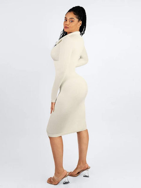 CurvyPower | UK Shirt Dress Tummy Control Retro Long Sleeve Shapewear Shirt Dress