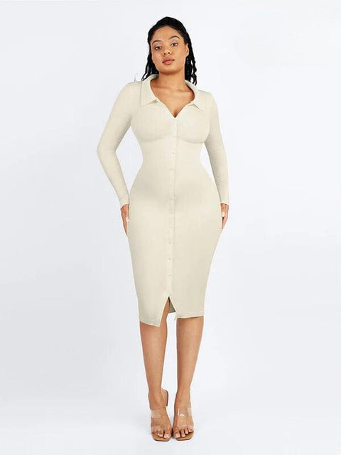 CurvyPower | UK Shirt Dress White / XS/S Tummy Control Retro Long Sleeve Shapewear Shirt Dress