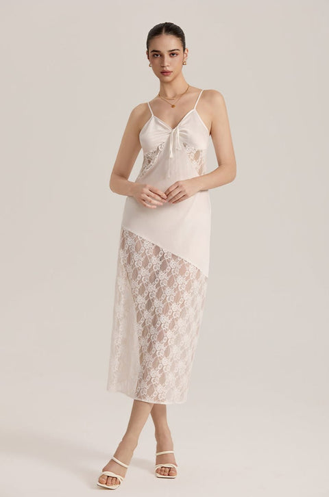 Curvypower Women's Apparel > Loungewear > Nightgowns Semi-sheer Lace Satin Camisole Long Dress for Women