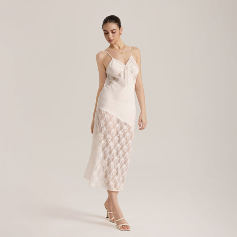Curvypower Women's Apparel > Loungewear > Nightgowns Semi-sheer Lace Satin Camisole Long Dress for Women