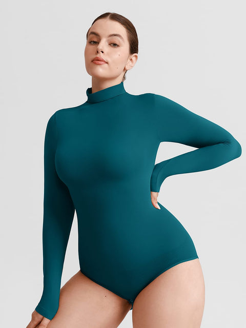 Curvypower Women's Apparel > Shapewear > Bodysuits Coral Blue / XS/S Butter Soft Seamless Snap Turtle Neck High Stretch Shapewear Bodysuit