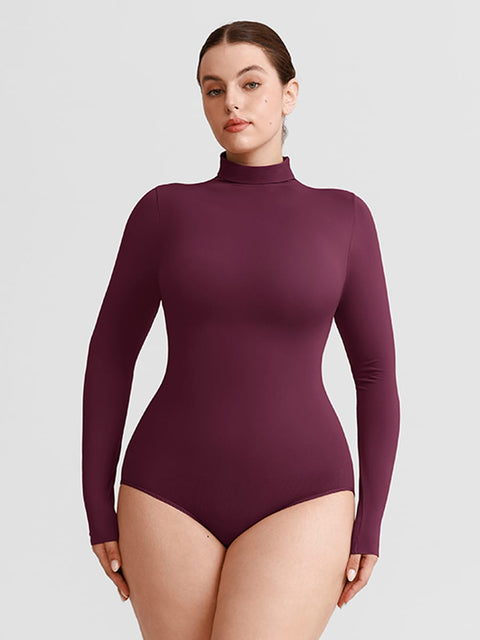 Curvypower Women's Apparel > Shapewear > Bodysuits Plum Red / XS/S Butter Soft Seamless Snap Turtle Neck High Stretch Shapewear Bodysuit