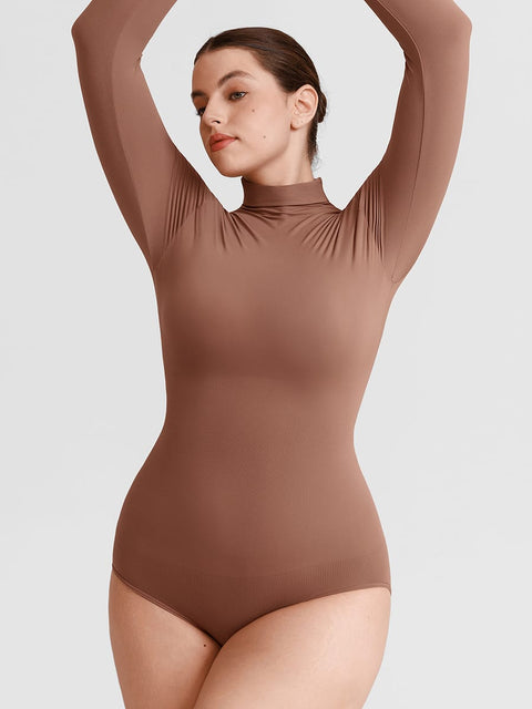 Curvypower Women's Apparel > Shapewear > Bodysuits Warm brown / XS/S Butter Soft Seamless Snap Turtle Neck High Stretch Shapewear Bodysuit