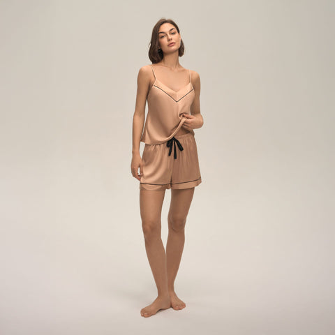 Curvypower Women's Apparel > Sleepwear > Casual Pajamas Light brown / S Satin Pyjama Set for Women | Cami Top & Shorts Loungewear Set