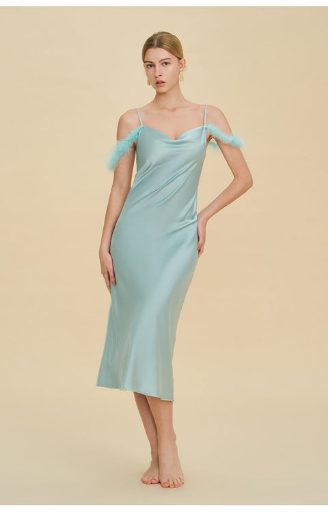 Curvypower Women's Apparel > Sleepwear > Nightgowns Blue / S Elegant Off-shoulder Bridal Lingerie Feather Trim Satin Nightdress With Straps