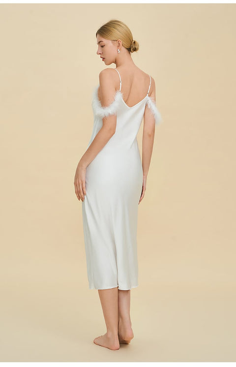Curvypower Women's Apparel > Sleepwear > Nightgowns Elegant Off-shoulder Bridal Lingerie Feather Trim Satin Nightdress With Straps