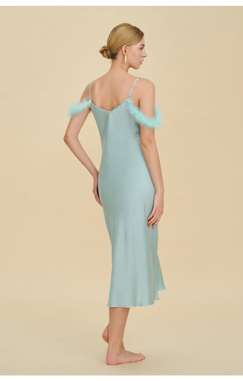 Curvypower Women's Apparel > Sleepwear > Nightgowns Elegant Off-shoulder Bridal Lingerie Feather Trim Satin Nightdress With Straps
