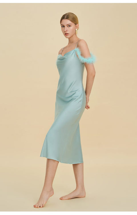 Curvypower Women's Apparel > Sleepwear > Nightgowns Elegant Off-shoulder Bridal Lingerie Feather Trim Satin Nightdress With Straps