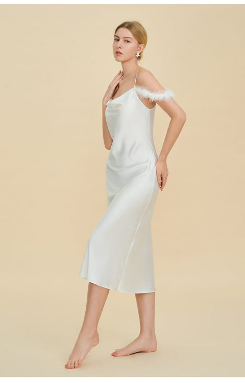 Curvypower Women's Apparel > Sleepwear > Nightgowns Elegant Off-shoulder Bridal Lingerie Feather Trim Satin Nightdress With Straps