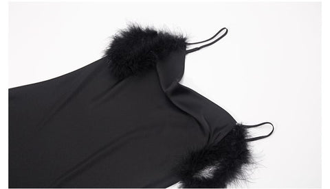 Curvypower Women's Apparel > Sleepwear > Nightgowns Elegant Off-shoulder Bridal Lingerie Feather Trim Satin Nightdress With Straps