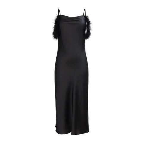 Curvypower Women's Apparel > Sleepwear > Nightgowns Elegant Off-shoulder Bridal Lingerie Feather Trim Satin Nightdress With Straps