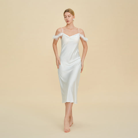 Curvypower Women's Apparel > Sleepwear > Nightgowns Elegant Off-shoulder Bridal Lingerie Feather Trim Satin Nightdress With Straps