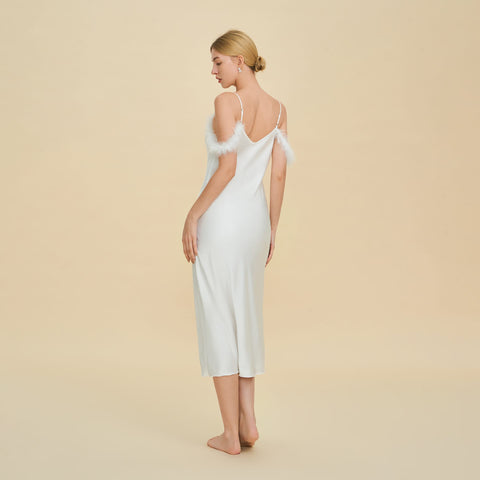 Curvypower Women's Apparel > Sleepwear > Nightgowns Elegant Off-shoulder Bridal Lingerie Feather Trim Satin Nightdress With Straps