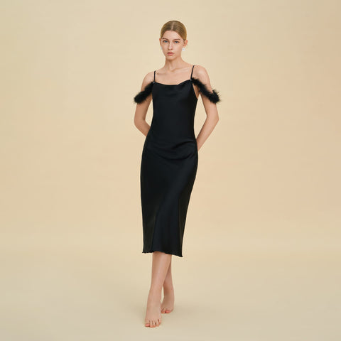 Curvypower Women's Apparel > Sleepwear > Nightgowns Elegant Off-shoulder Bridal Lingerie Feather Trim Satin Nightdress With Straps