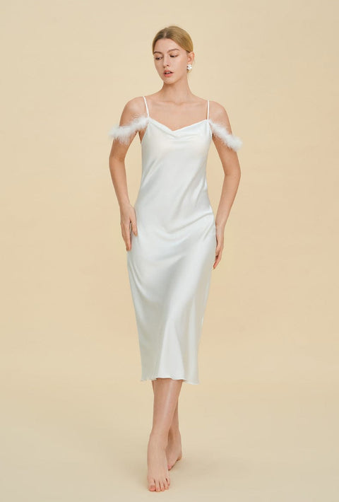 Curvypower Women's Apparel > Sleepwear > Nightgowns White / S Elegant Off-shoulder Bridal Lingerie Feather Trim Satin Nightdress With Straps