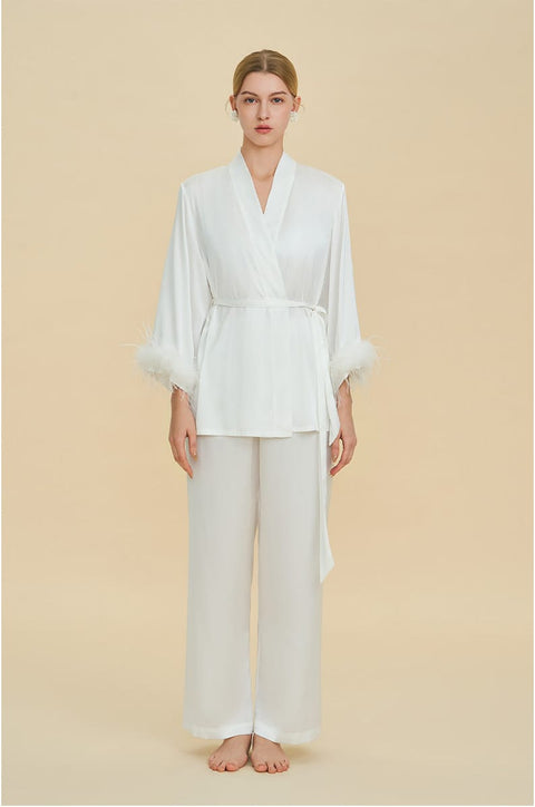Curvypower Women's Apparel > Sleepwear > Pajamas Feather Trim Satin Pajamas Set with Long Sleeves, Women's Luxury Two-Piece Loungewear