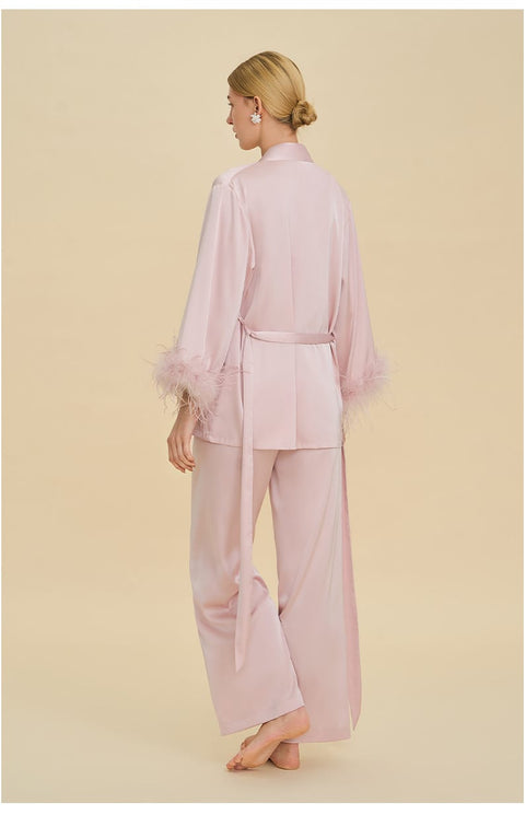 Curvypower Women's Apparel > Sleepwear > Pajamas Feather Trim Satin Pajamas Set with Long Sleeves, Women's Luxury Two-Piece Loungewear
