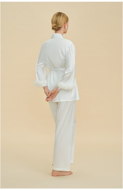Curvypower Women's Apparel > Sleepwear > Pajamas Feather Trim Satin Pajamas Set with Long Sleeves, Women's Luxury Two-Piece Loungewear