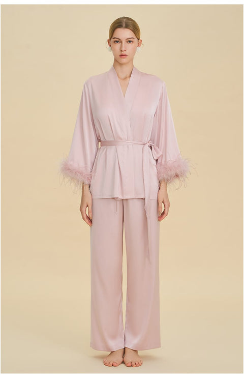Curvypower Women's Apparel > Sleepwear > Pajamas Feather Trim Satin Pajamas Set with Long Sleeves, Women's Luxury Two-Piece Loungewear