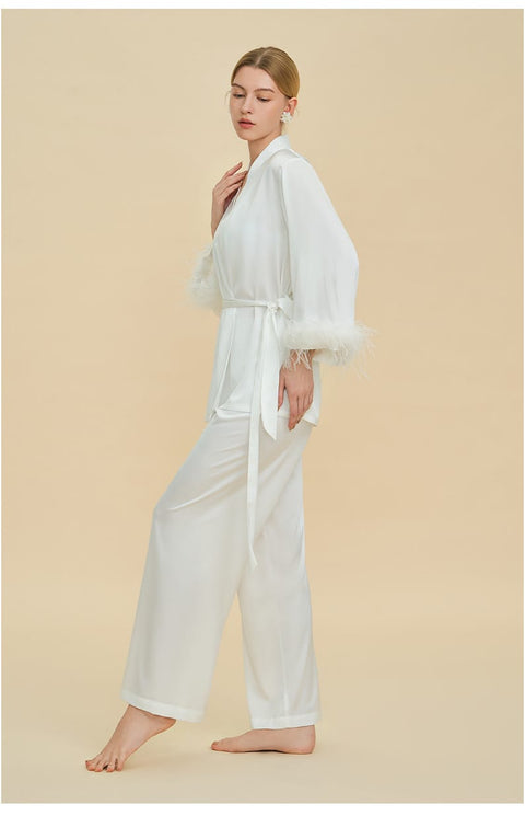 Curvypower Women's Apparel > Sleepwear > Pajamas Feather Trim Satin Pajamas Set with Long Sleeves, Women's Luxury Two-Piece Loungewear