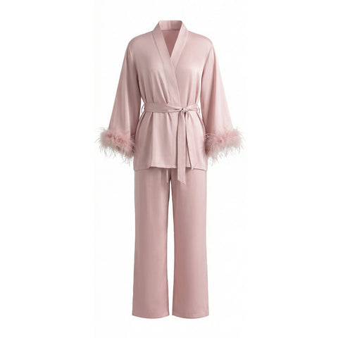 Curvypower Women's Apparel > Sleepwear > Pajamas Feather Trim Satin Pajamas Set with Long Sleeves, Women's Luxury Two-Piece Loungewear