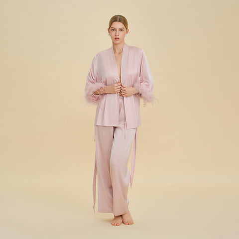 Curvypower Women's Apparel > Sleepwear > Pajamas Feather Trim Satin Pajamas Set with Long Sleeves, Women's Luxury Two-Piece Loungewear