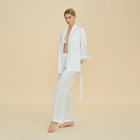 Curvypower Women's Apparel > Sleepwear > Pajamas Feather Trim Satin Pajamas Set with Long Sleeves, Women's Luxury Two-Piece Loungewear