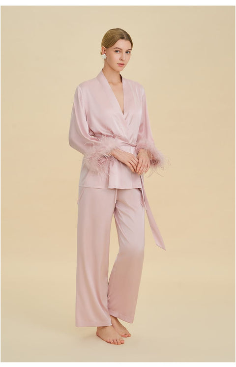 Curvypower Women's Apparel > Sleepwear > Pajamas Pink / S Feather Trim Satin Pajamas Set with Long Sleeves, Women's Luxury Two-Piece Loungewear