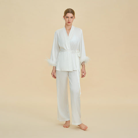 Curvypower Women's Apparel > Sleepwear > Pajamas White / S Feather Trim Satin Pajamas Set with Long Sleeves, Women's Luxury Two-Piece Loungewear